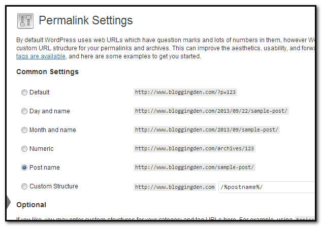 Permalink settings after wordpress installation