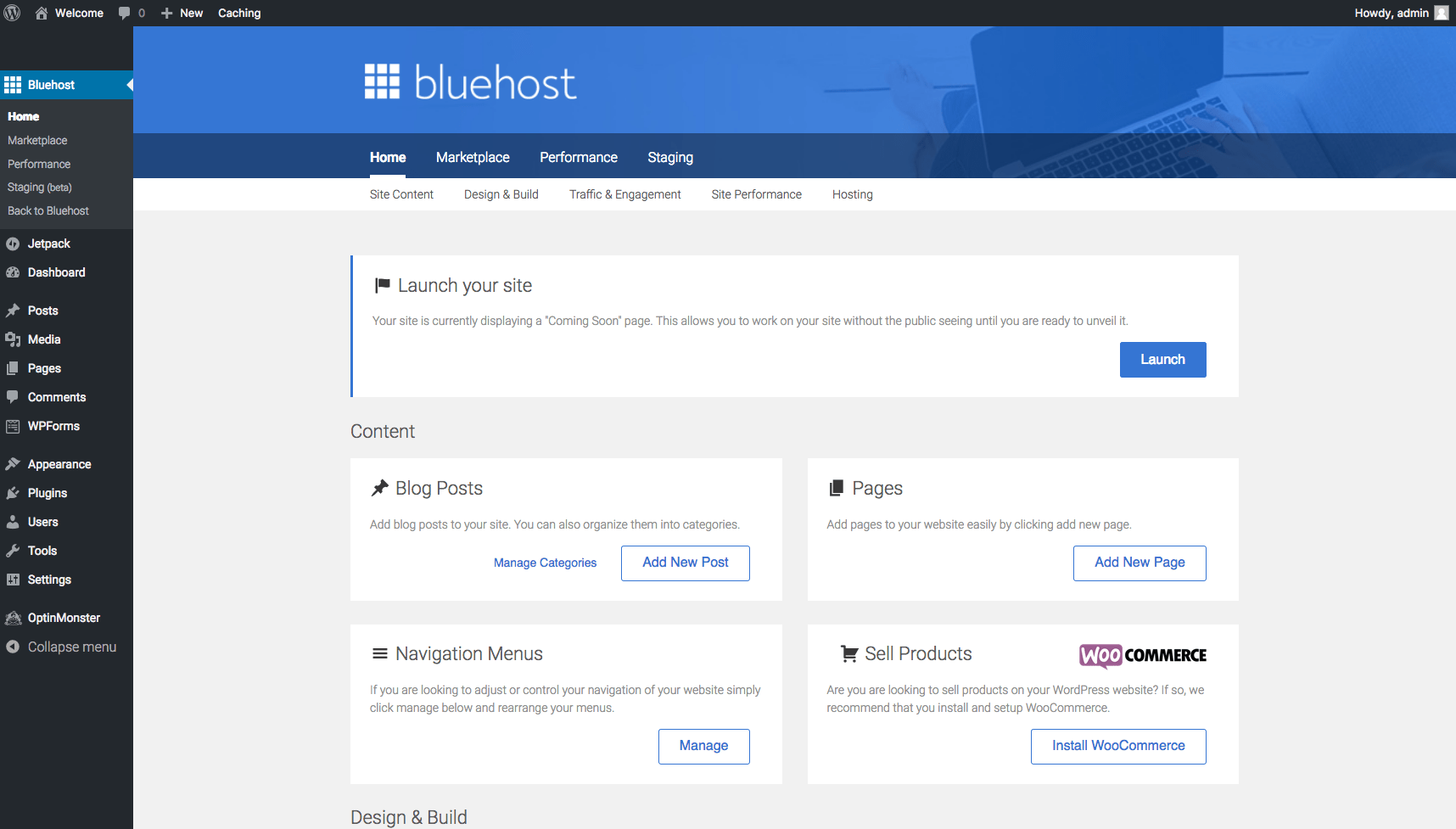 Bluehost dashboard within WordPress dashboarf