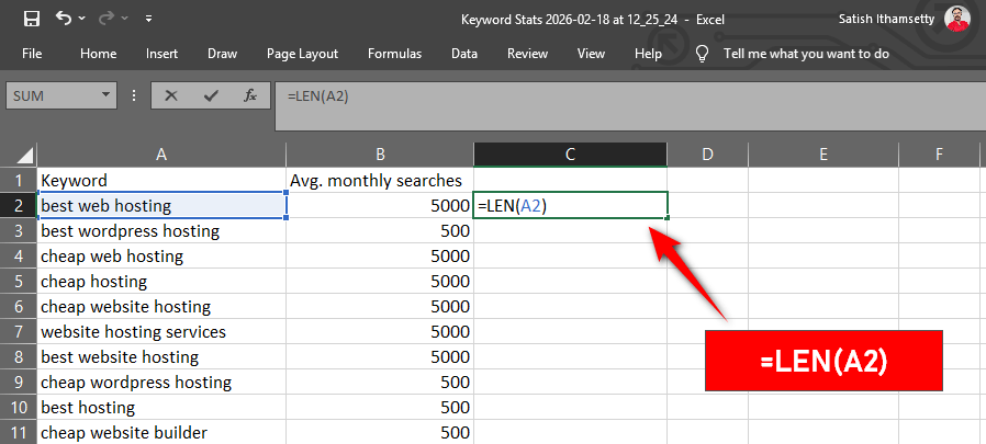 add formula in excell to refine long tail keyword