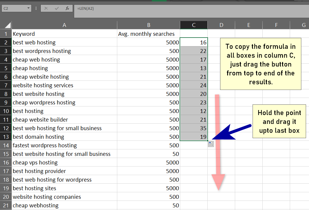 copy and paste in all boxes of column c Drag it in excell