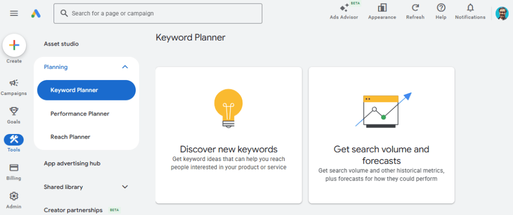 go to Keyword planner