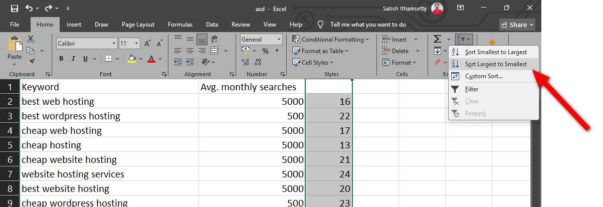 sort and filter the keywords in excell sheet now
