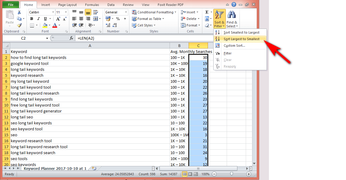 sort and filter the keywords in excel sheet