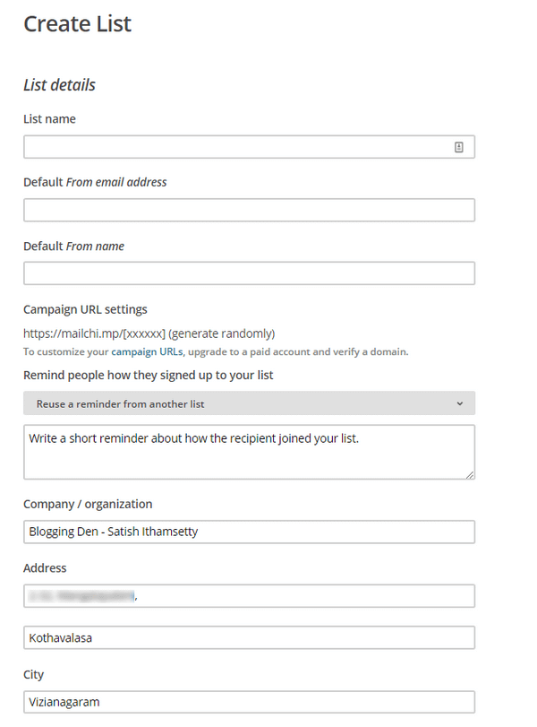 Start filling the form for list creation