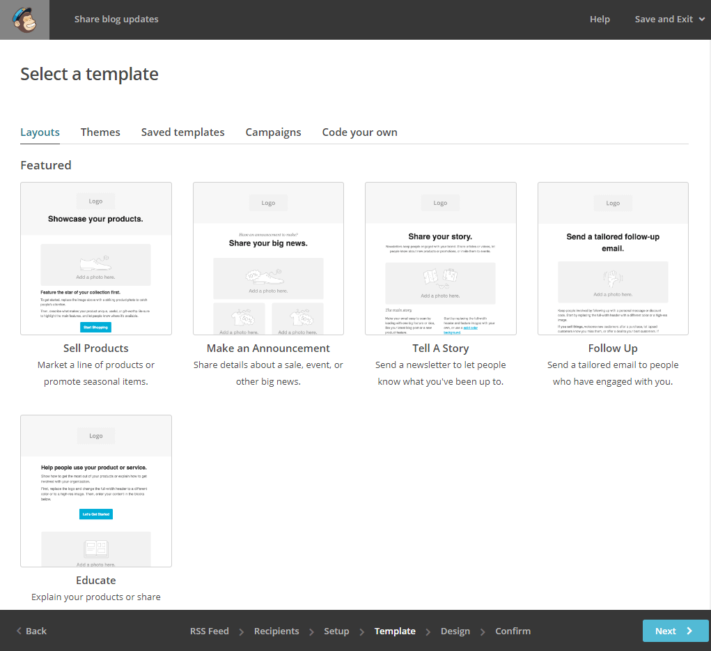 select a template in Mailchimp layouts