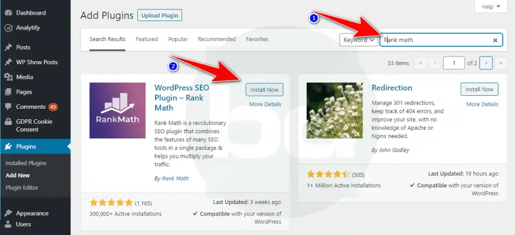 search for Rank math plugin
