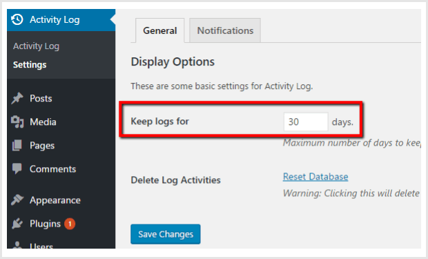 activity log plugin settings