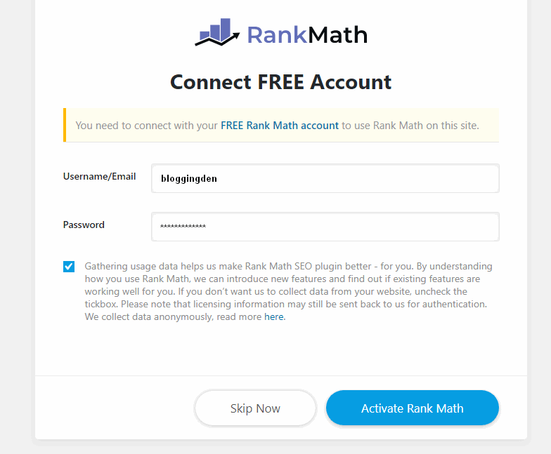 rank math seo authentication