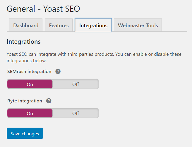 yoast seo General settings INTEGRATIONS
