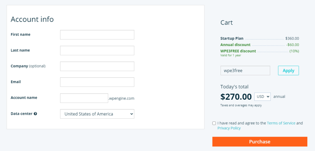 account info wpengine signup with discount