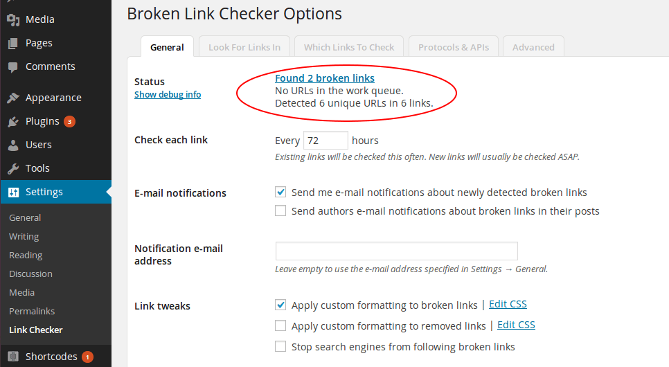 Broken Link Checker results page