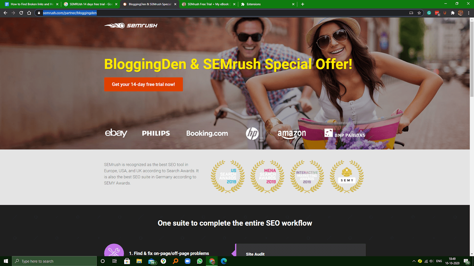 SEMrush free trial from BloggingDen Special Offer
