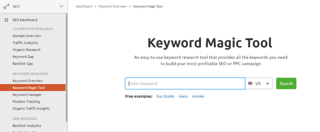 SEMRush keyword magic tool