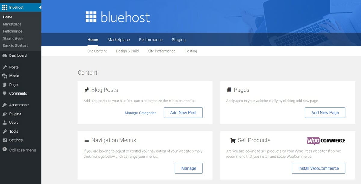 Bluehost Menu in WordPress dashboard