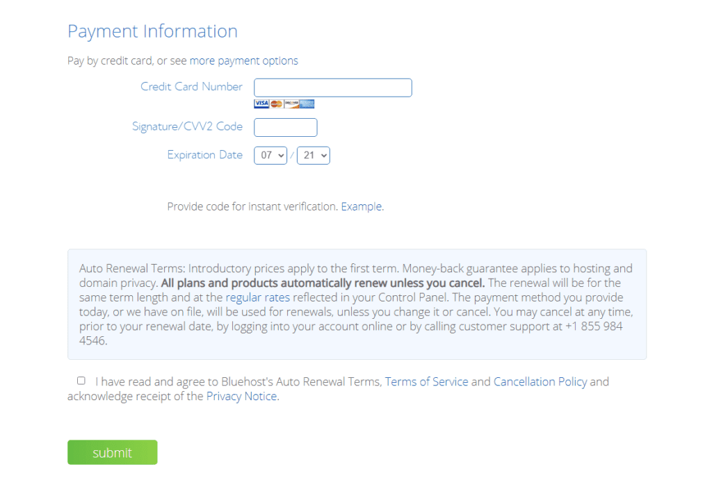 bluehost payment information