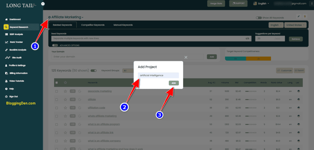 start keyword research in LTPro