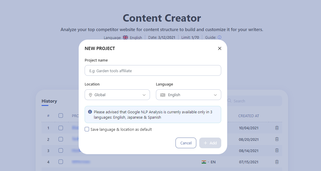 Add new project details in Content Creator