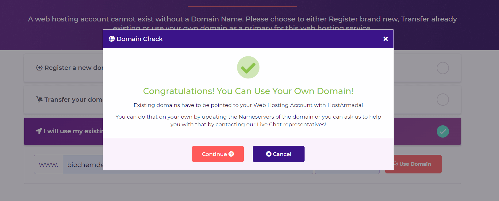 CONGRATULATIONS TO use existing domain