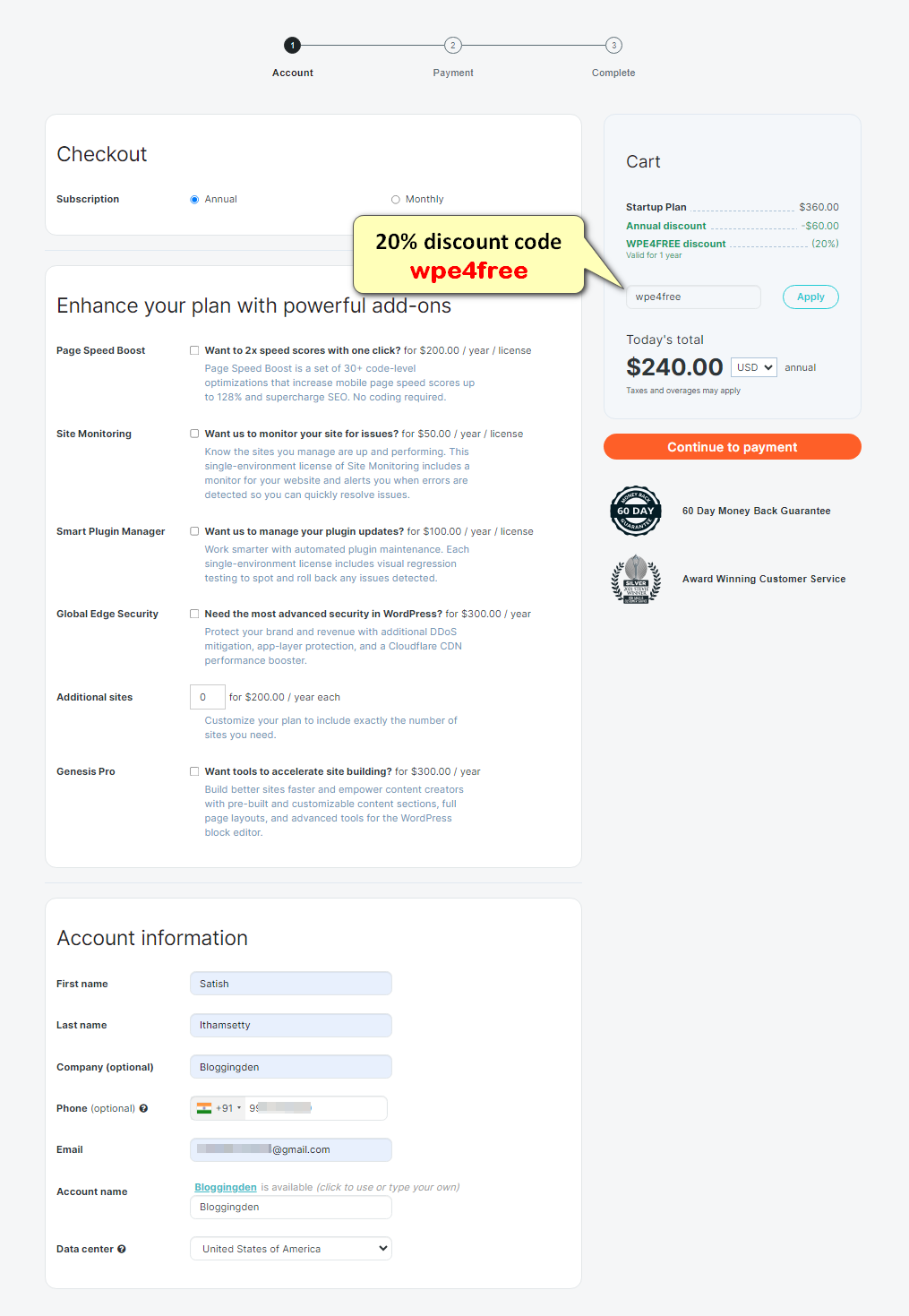 wp engine account checkout page with discount code