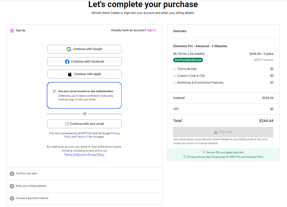 complete your purchase of Elementor pro Advanced plan