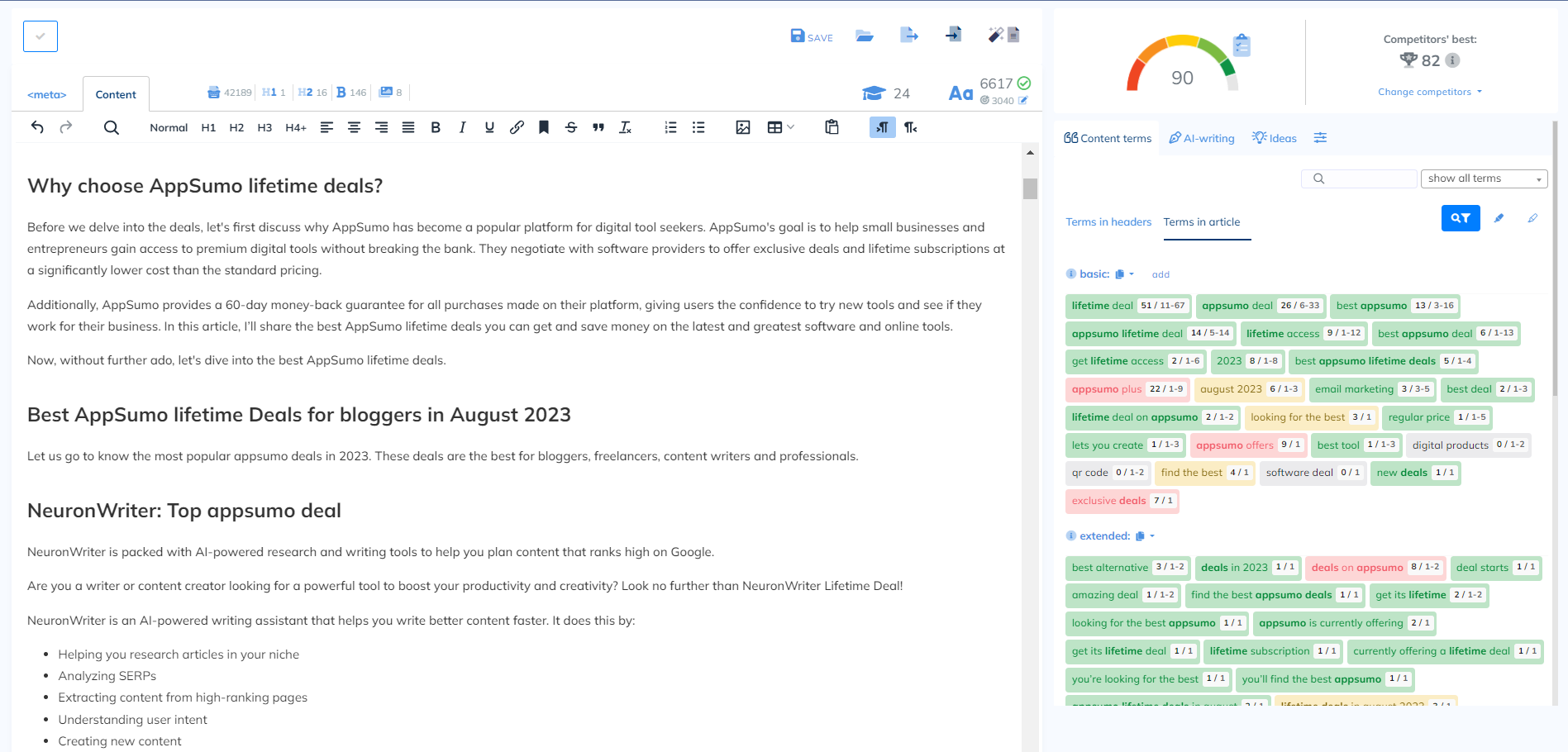 content optimization editor in neuronwriter