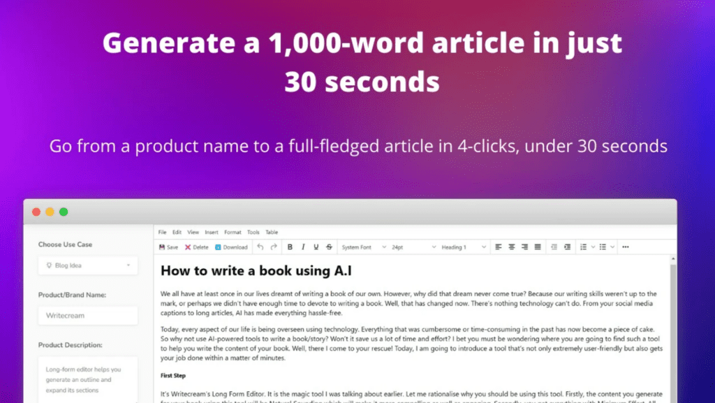 writecream 1000 words article creation