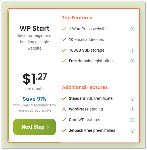 Hostpapa WordPress hosting - WP Start Plan