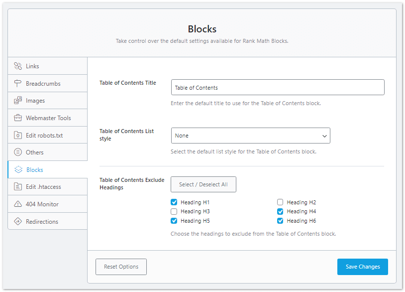 Rank math Blocks from General settings