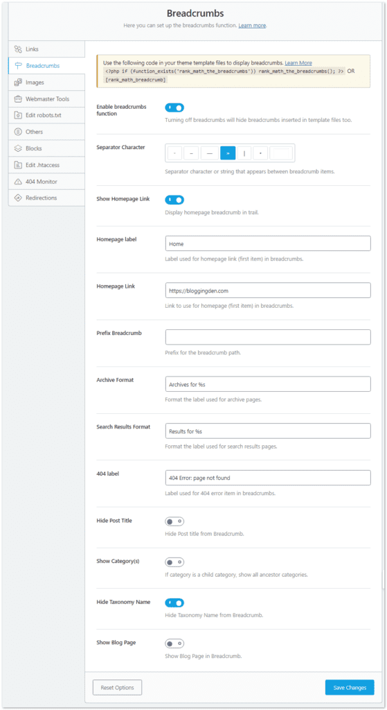 Rank Math WordPress SEO plugin and its Settings for Your Blog SEO 18 Rank math Breadcrumbs from General settings