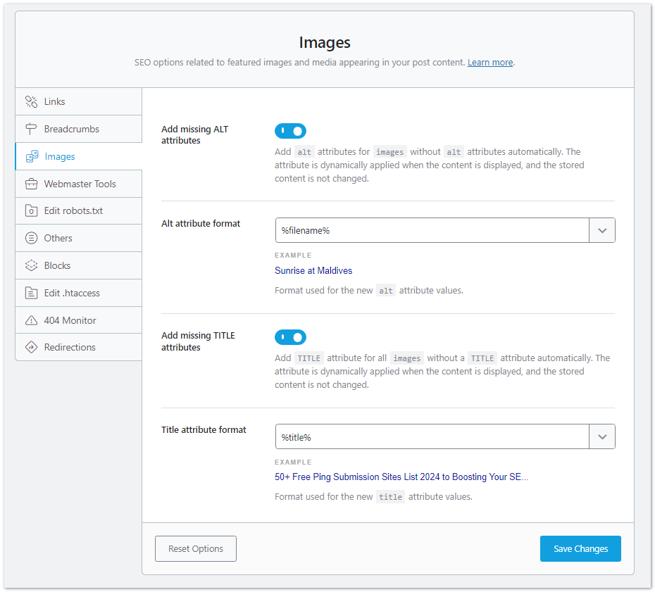 Rank Math WordPress SEO plugin and its Settings for Your Blog SEO 17 Rank math images settings from general settings