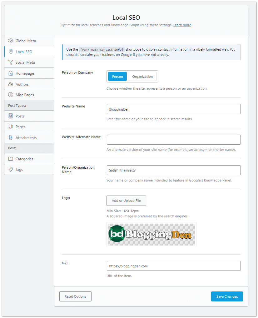 Rank math local SEO from Title and Meta