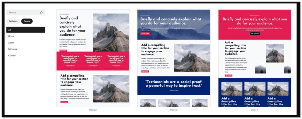 kadence pages in design library