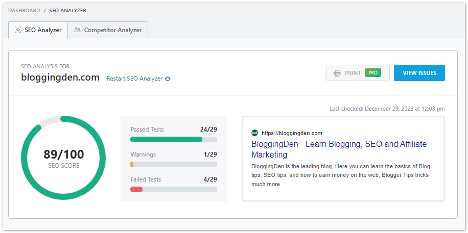 Rank math's seo analyzer score