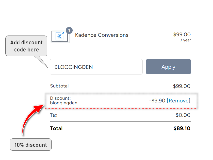 Kadence Conversions Checkout Page After Discount Code