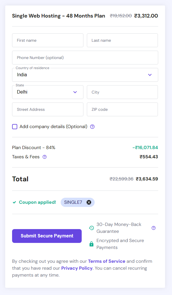 Single web hosting payment page new