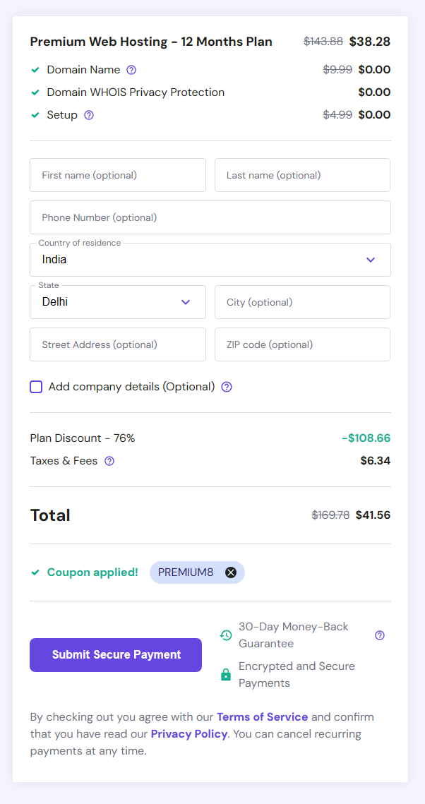 premium web hosting payment form