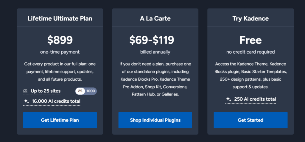 kadence wp alternative plans