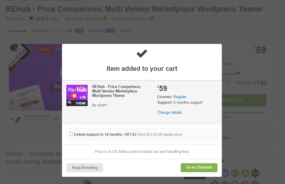 added Rehub theme as item in the cart