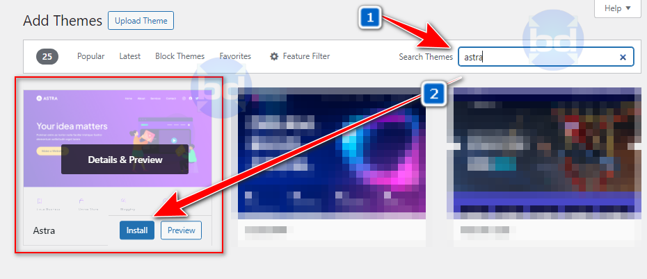 search astra theme from wp dashboard