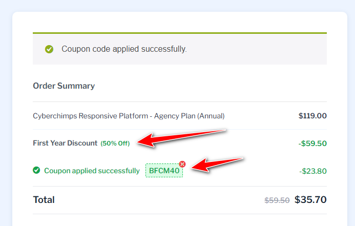 cyberchimp in cart with coupon code
