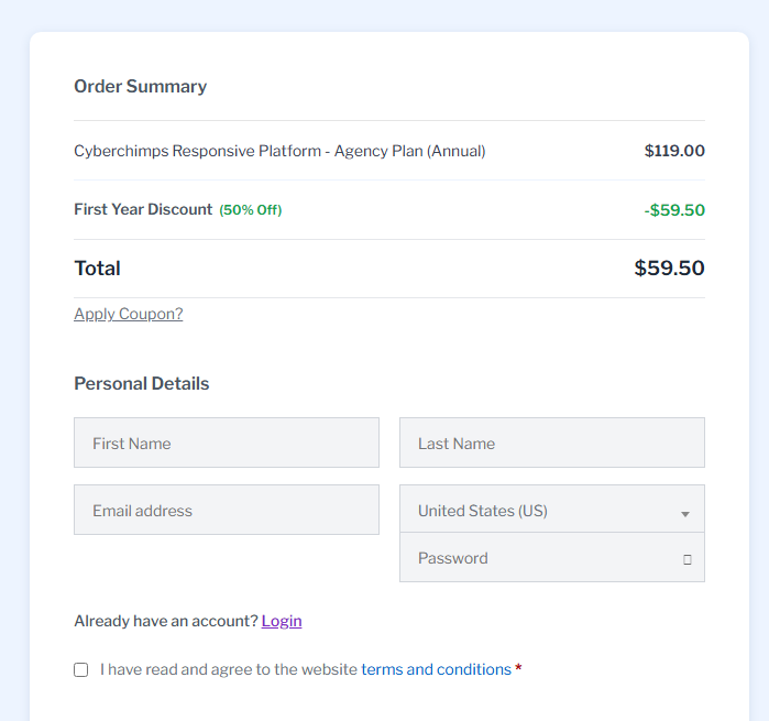 cyberchimp in cart without coupon code