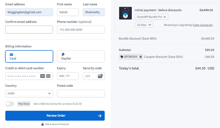 oceanwp deal checkout page - Oceanwp Bundle pro for 10 sites