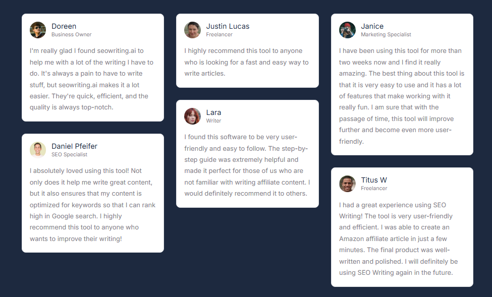 testimonials on SEO Writing Ai tool