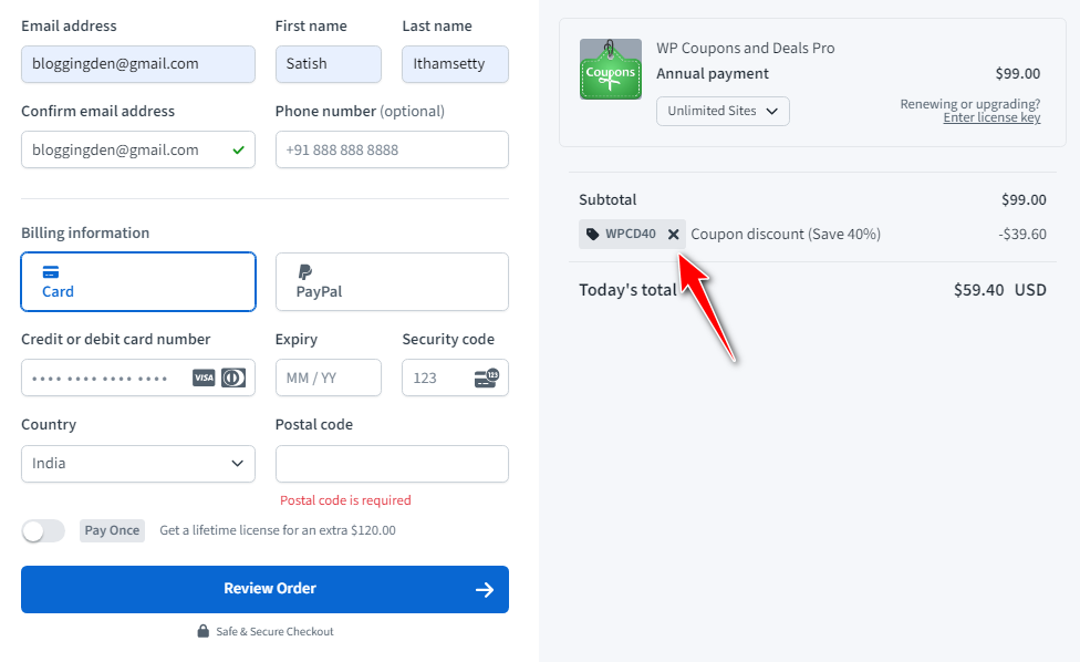 wp coupons and deals pro cheakout page with coupon code
