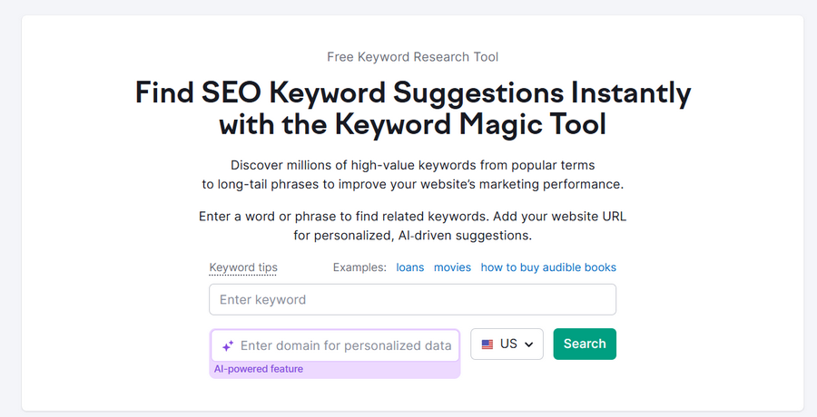Keyword magic tool from SEMRUSH SEO toolkit