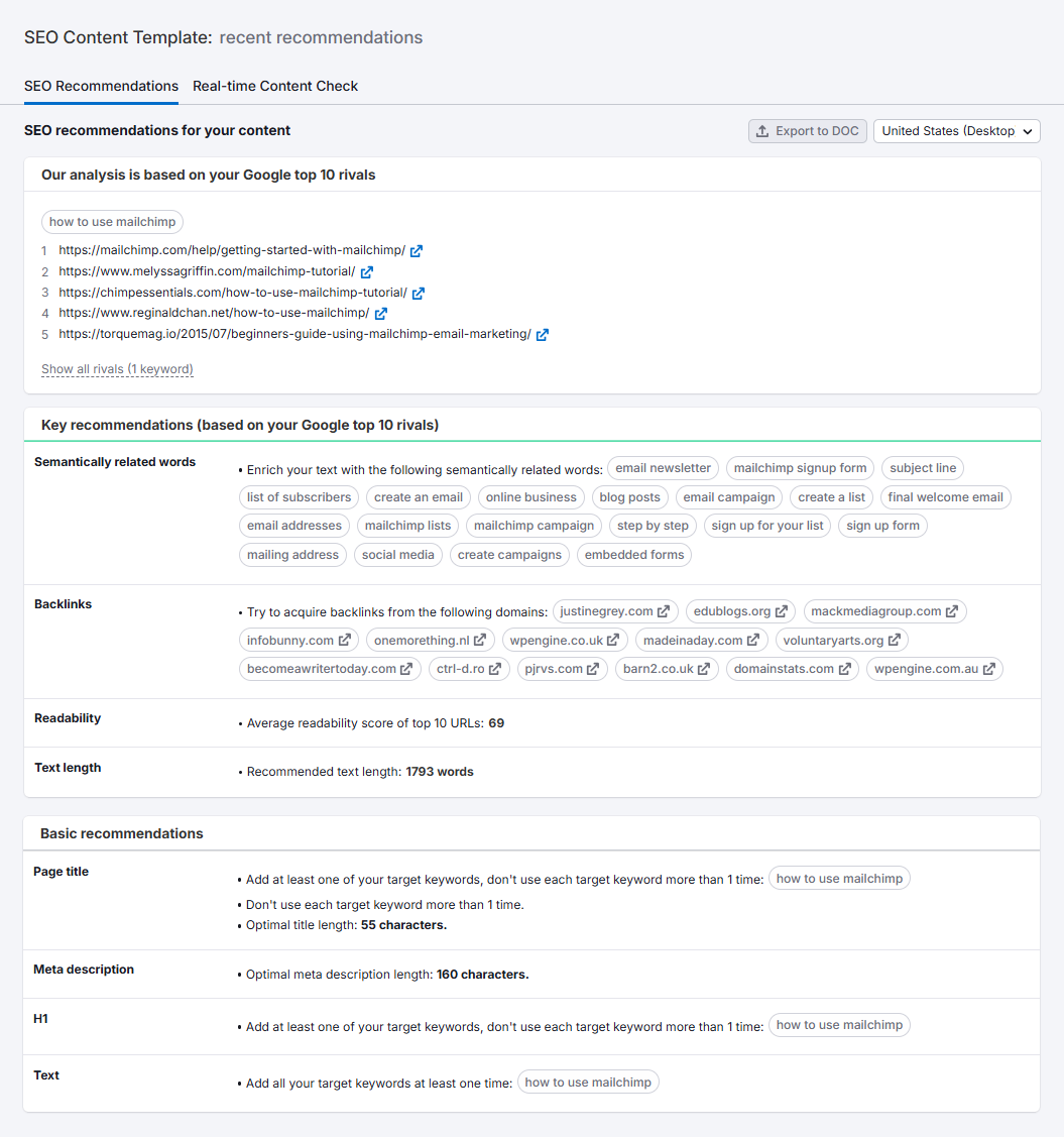 SEO Content Template from SEMRUSH SEO Toolkit
