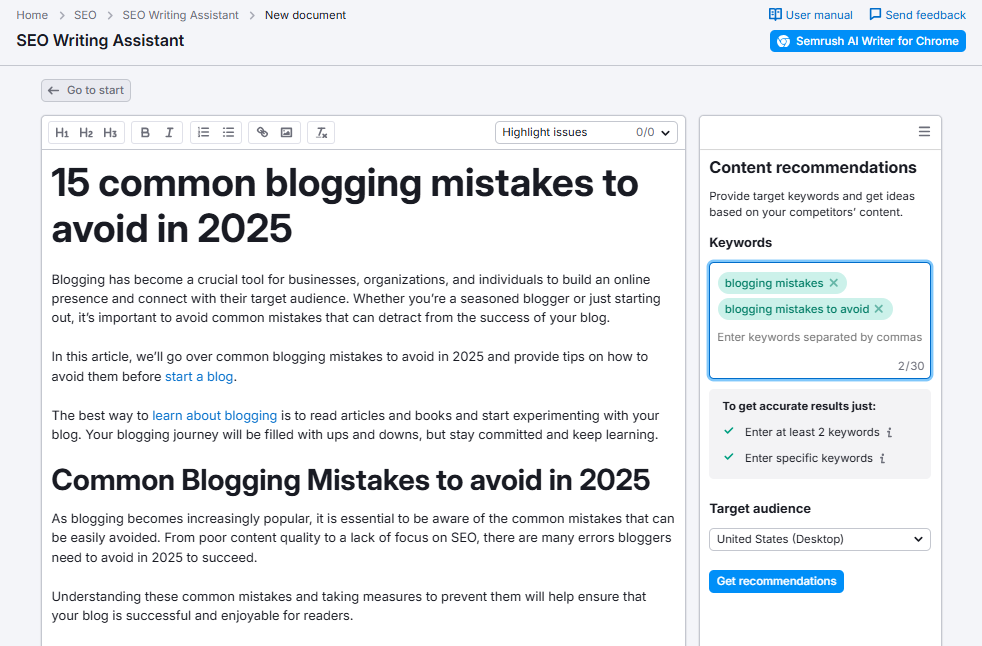 SEO Writing Assistant - start