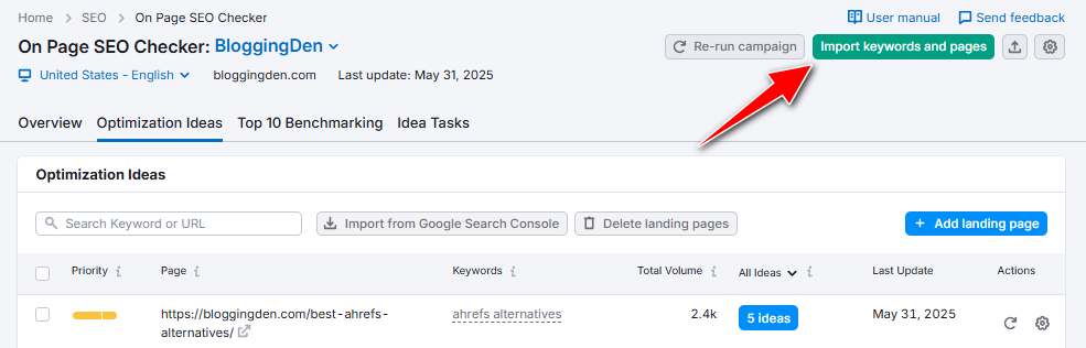 Import keywords and pages