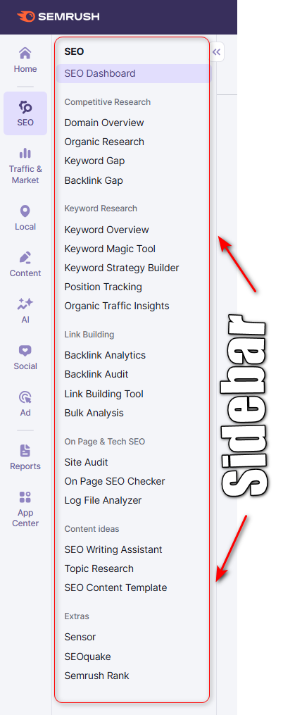semrush sidebar interface bloggingden