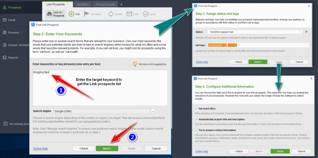 Link assistant step 3 Enter-keywords-Assign-status-and-add-aditional-info